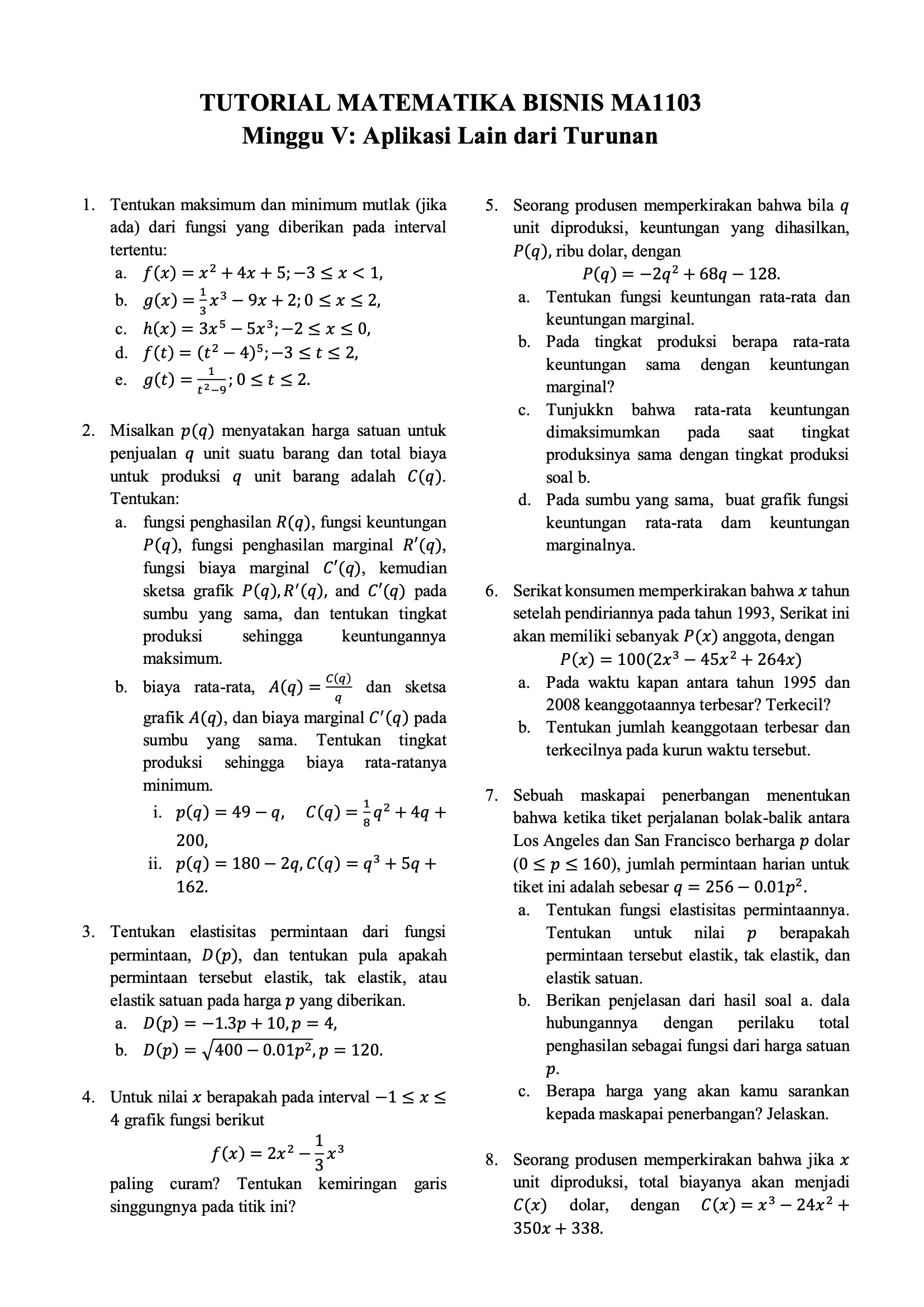 Matematika Bisnis 1 Tutorial 05 MES Consulting